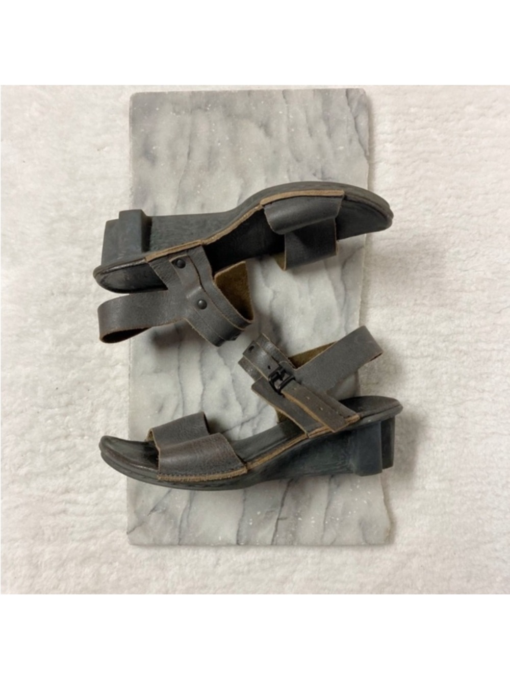 Trippen Wedge Heels Size 7.5 Taupe Low Wedge Ankle Strap Leather Block Heel